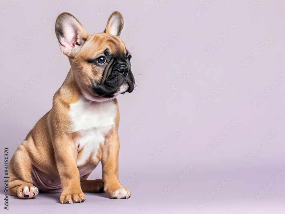 Cute Puppy French Bulldog Sitting on Plain Lilac Background with Clear Space Cute Puppy French Bulldog Sitting on Plain Lilac Background with Clear Space