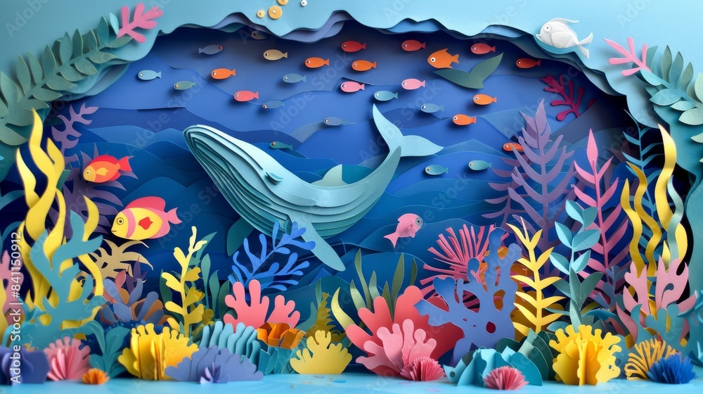 A whimsical ocean scene created with colorful paper cutouts, featuring a whale and various fish in a vibrant underwater setting. A whimsical ocean scene created with colorful paper cutouts, featuring a whale and various fish in a vibrant underwater setting.