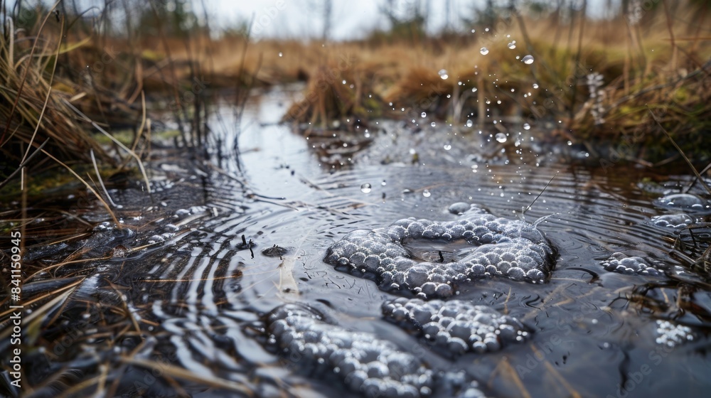 The ane bubbles create a mosaic of movement on the surface of the bog breaking through the stagnant water. The ane bubbles create a mosaic of movement on the surface of the bog breaking through the stagnant water.