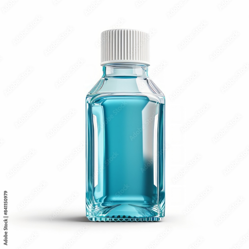 A clear glass bottle of mouthwash with a white cap, ed on a white background A clear glass bottle of mouthwash with a white cap, ed on a white background