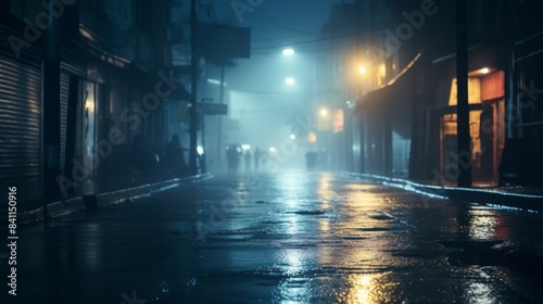 Neon lights reflection on wet street at night with smoke and smog in dark city scene