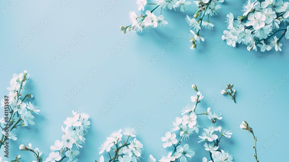 Spring nature background with lovely blossom in blue pastel color, top view, banner. Generative Ai Spring nature background with lovely blossom in blue pastel color, top view, banner. Generative Ai