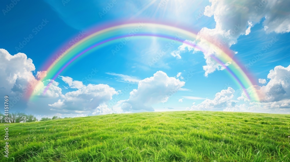 A vibrant rainbow arching over a lush green meadow, with fluffy white clouds dotting the clear blue sky. A vibrant rainbow arching over a lush green meadow, with fluffy white clouds dotting the clear blue sky.