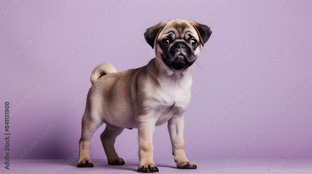 Cute Pug Puppy Standing on Plain Lavender Background with Clear Space Cute Pug Puppy Standing on Plain Lavender Background with Clear Space
