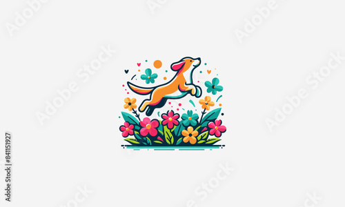 logo design of dog jump on top flowers vector flat design