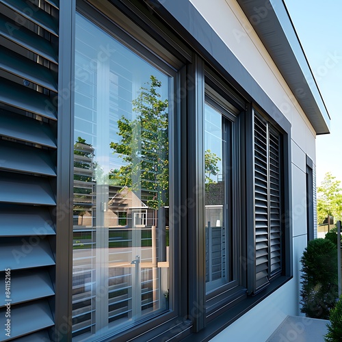 A detailed exterior shot of a suburban house window designs, emphasizing modern shutters and tinted glass for energy efficiency.