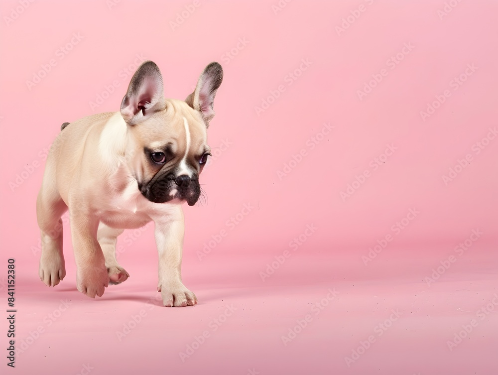 Cute Puppy French Bulldog Walking on Plain Rose Pink Background with Clear Space Cute Puppy French Bulldog Walking on Plain Rose Pink Background with Clear Space