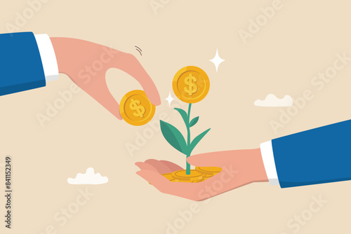 Investment growth, investing for financial independent or financial freedom, mutual fund or growth stock, saving or earning profit concept, businessman hand put money coin on growing money seedling.