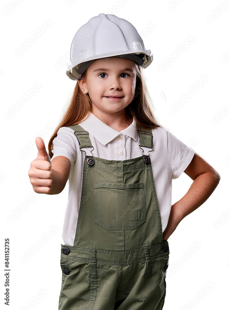 Cute child wearing an engineer's helmet has a smiling face and gives a thumbs up. Cute child wearing an engineer's helmet has a smiling face and gives a thumbs up.