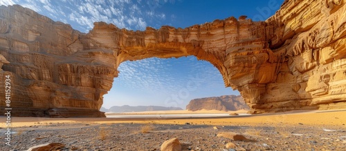 Photo of Al Ula's Rainbow Bridge in Saudi Arabia, an arch shaped rock formation in the desert with clear blue sky. photo