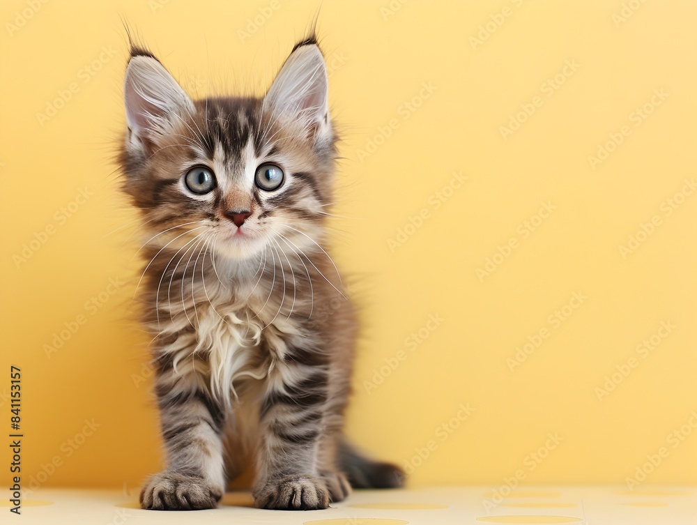 Cute Munchkin Kitten Sitting on a Pastel Yellow Background in a Clean Studio Setting Cute Munchkin Kitten Sitting on a Pastel Yellow Background in a Clean Studio Setting
