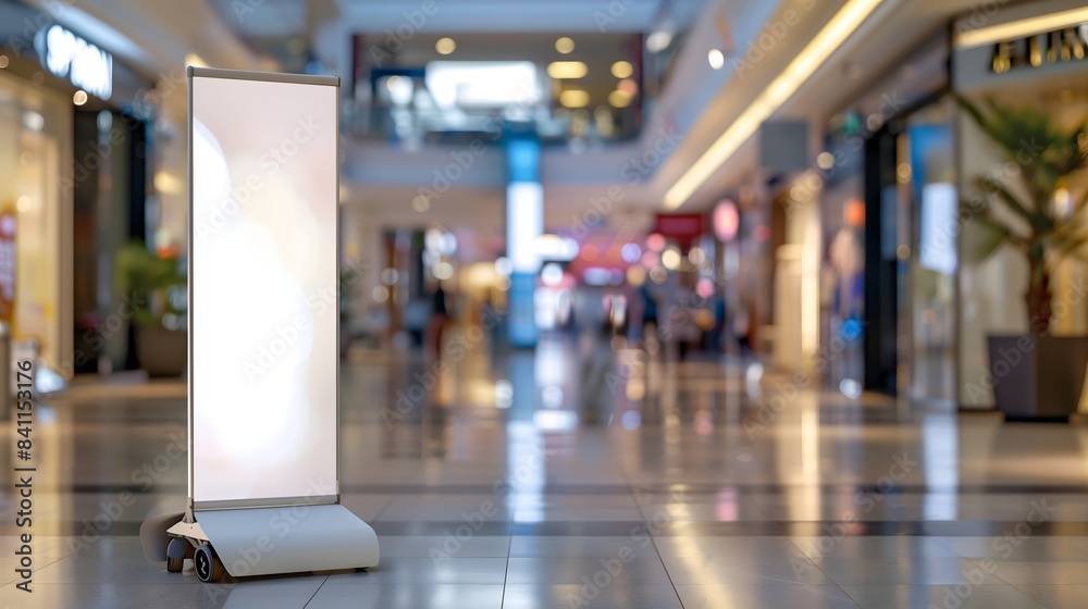A large white sign is standing in a mall. The mall is busy with people walking around and shopping A large white sign is standing in a mall. The mall is busy with people walking around and shopping