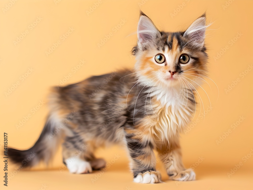 Adorable Munchkin Kitten Posing on Pastel Yellow Background