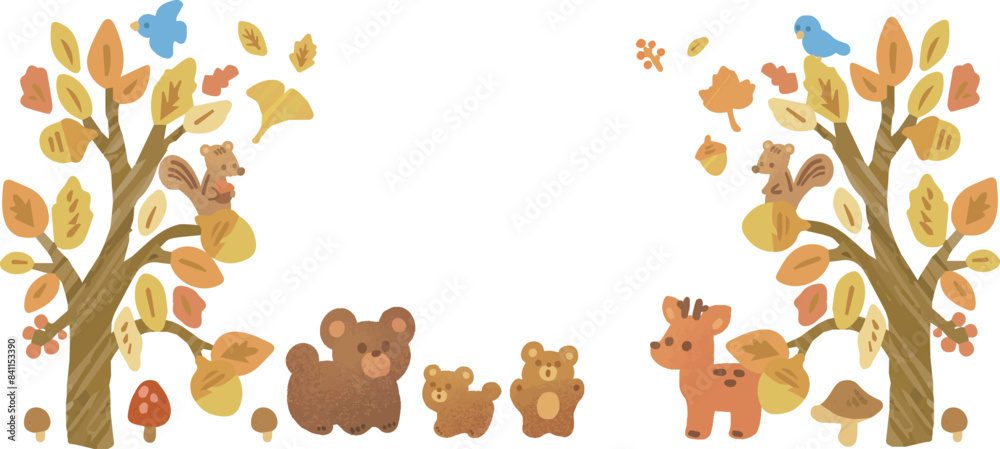 Fototapeta premium あしらい 飾り アイコン 秋 動物 落ち葉 葉 水彩 手描き かわいい おしゃれ イラスト素材セット
