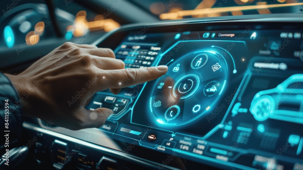 a driver interacting with a touch-sensitive, holographic car dashboard that displays media, climate, and connectivity options a driver interacting with a touch-sensitive, holographic car dashboard that displays media, climate, and connectivity options