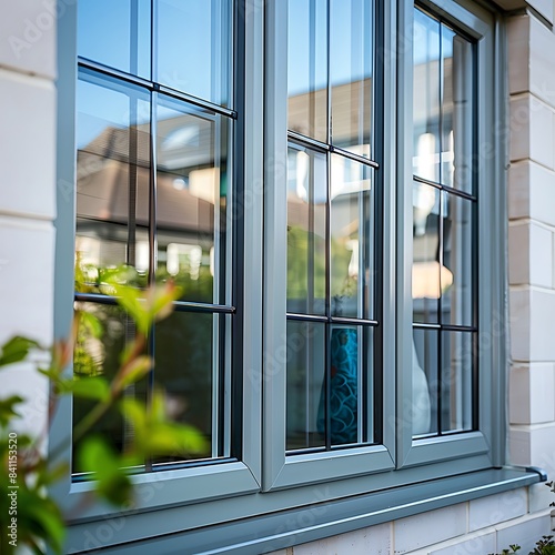 A detailed shot of the energy-efficient windows of a suburban house, focusing on double glazing and thermal insulation properties.