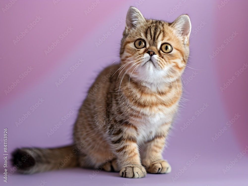 Cute Exotic Shorthair Kitten Sitting on Lavender Background