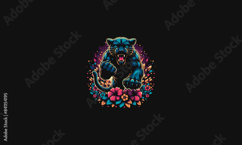 panther jump angry on flowers vector flat design