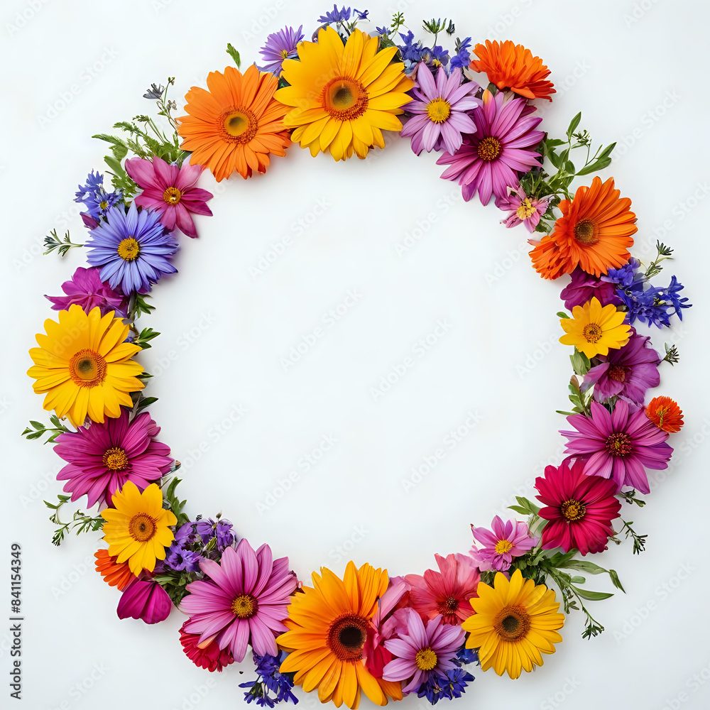 Flowers composition. Wreath made of colorful flowers on white background. Spring, easter, summer concept. Flat lay, top view, copy space, square Flowers composition. Wreath made of colorful flowers on white background. Spring, easter, summer concept. Flat lay, top view, copy space, square