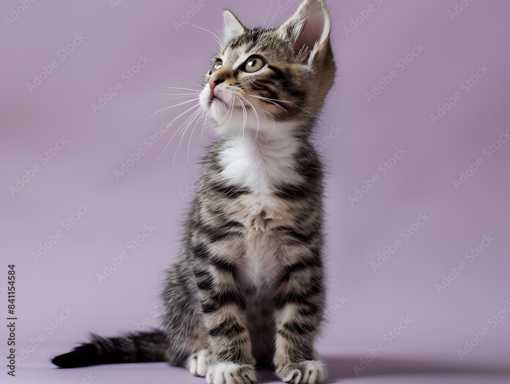 Adorable Tabby Kitten Sitting Calmly on Pastel Lavender Background Adorable Tabby Kitten Sitting Calmly on Pastel Lavender Background
