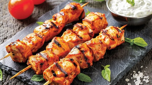 Tender, marinated chicken skewers, grilled to smoky perfection,showcase a tantalizing. Generative Ai photo