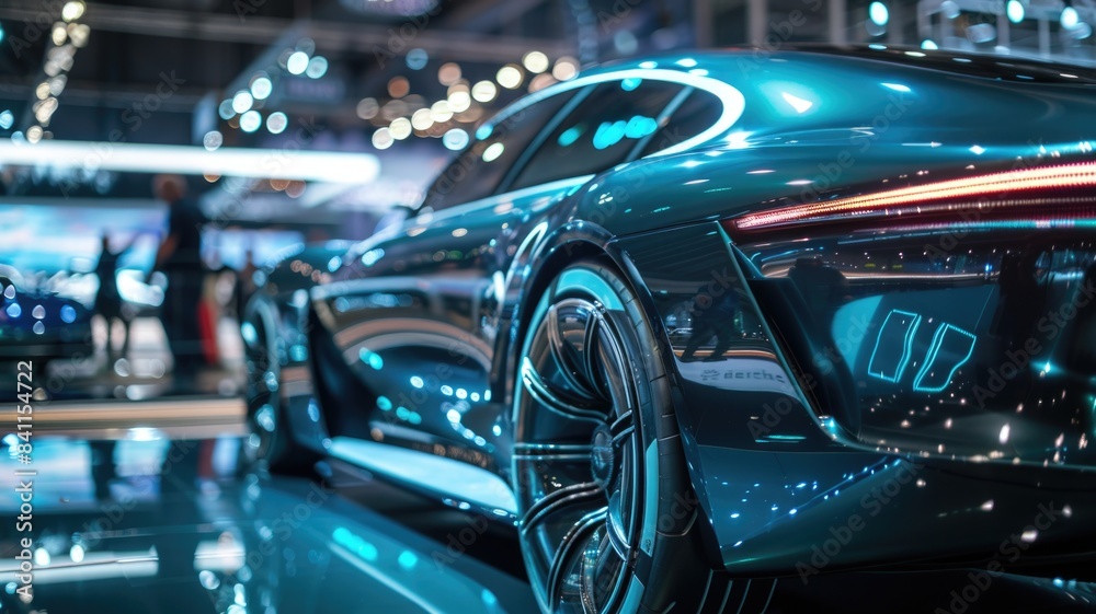 concept car at an auto show, where the exterior surfaces dynamically display technical specifications and design features concept car at an auto show, where the exterior surfaces dynamically display technical specifications and design features