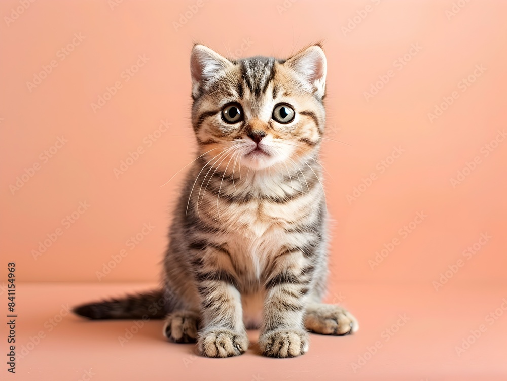 Adorable Scottish Fold Kitten Sitting on Pastel Peach Background with Copyspace Adorable Scottish Fold Kitten Sitting on Pastel Peach Background with Copyspace