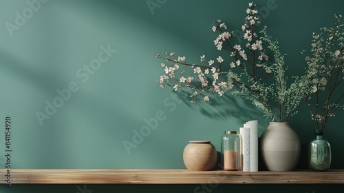 Minimalist home decor with ceramic vases and books on a wooden shelf against a green wall, featuring natural light and shadow play.