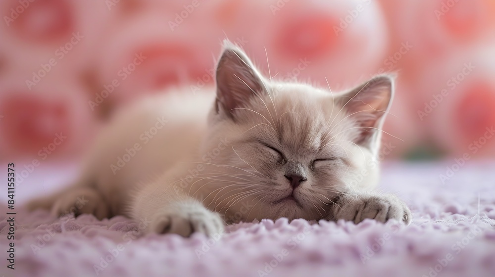 Peaceful British Shorthair Kitten Sleeping Soundly on Pastel Rose Background Peaceful British Shorthair Kitten Sleeping Soundly on Pastel Rose Background