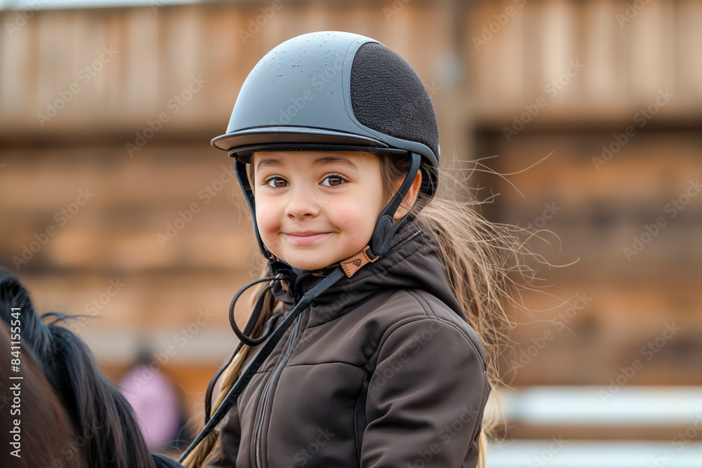 Happy girl kid at equitation lesson looking at camera while riding a horse, wearing horseriding helmet Happy girl kid at equitation lesson looking at camera while riding a horse, wearing horseriding helmet