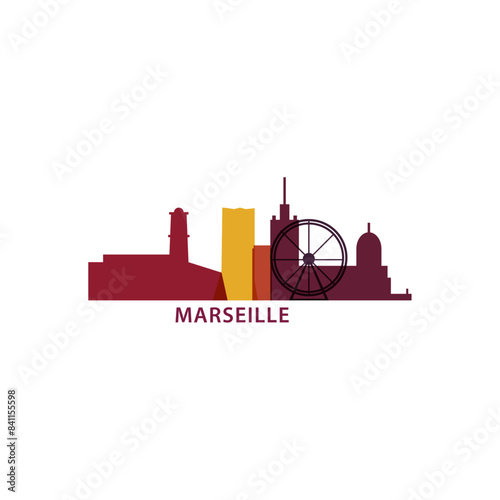 Marseille skyline, downtown panorama logo, logotype. France city badge contour, isolated vector pictogram with fort, port, monuments, landmarks, basilica