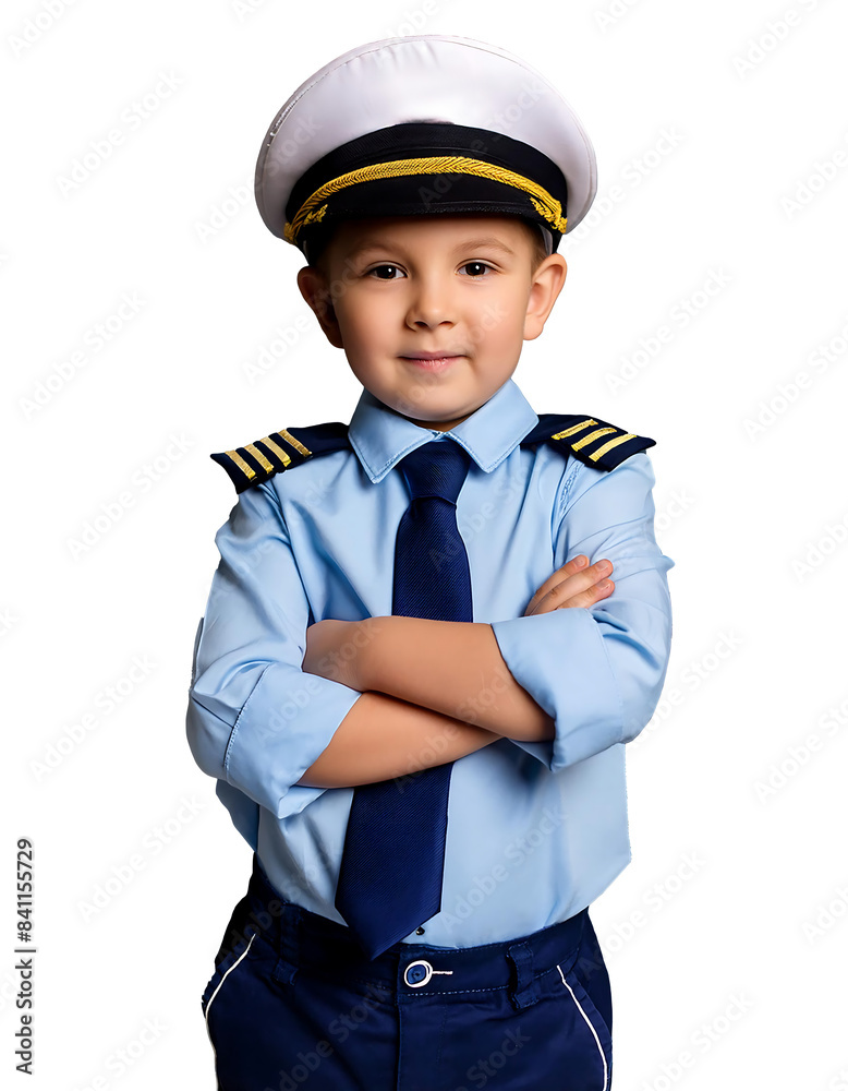 A little boy wearing a captain's uniform stood with his arms folded and a smile on his face. A little boy wearing a captain's uniform stood with his arms folded and a smile on his face.