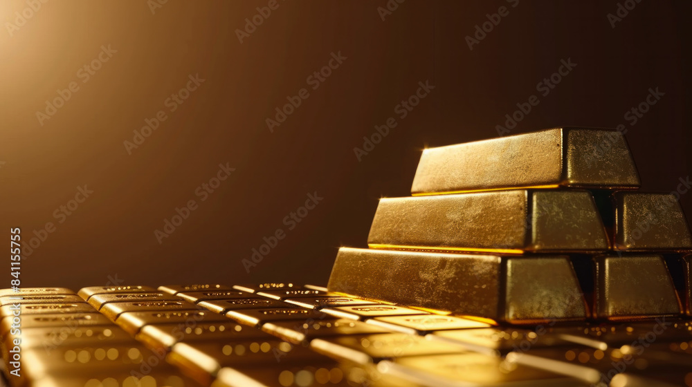 A stack of gold bars with a light shining on them. The bars are arranged in a pyramid shape, with the top bar being the largest. Concept of wealth and luxury A stack of gold bars with a light shining on them. The bars are arranged in a pyramid shape, with the top bar being the largest. Concept of wealth and luxury
