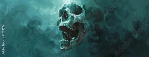 Detailed digital illustration of an open-mouthed human skull, dark and brooding background, enshrouded in a misty fog, atmospheric and hauntingly beautiful photo