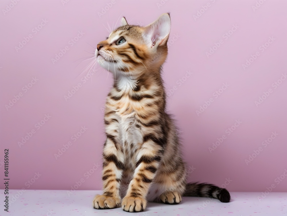 Adorable Bengal Kitten Sitting on Pastel Lavender Background