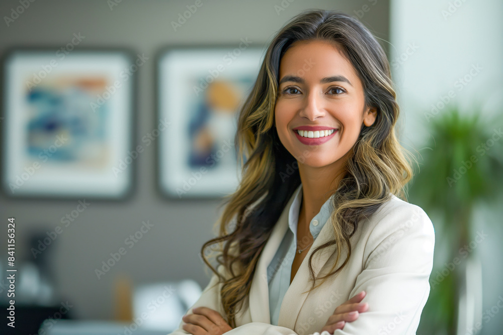Hispanic smiling toothy Latino successful confident businesswoman worker lady boss female leader girl business woman posing crossed hands looking at camera in office corporate portrait Hispanic smiling toothy Latino successful confident businesswoman worker lady boss female leader girl business woman posing crossed hands looking at camera in office corporate portrait