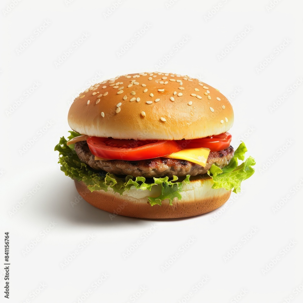 classic cheeseburger featuring a sesame seed bun, lettuce, tomato, and cheese, on a white background classic cheeseburger featuring a sesame seed bun, lettuce, tomato, and cheese, on a white background