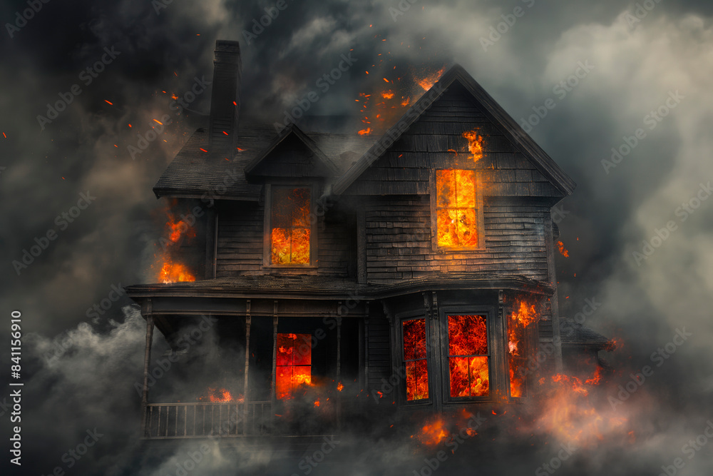 House on fire, flames coming out of windows, lots smoke