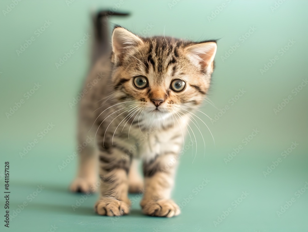 Fototapeta premium Adorable Scottish Fold Kitten Standing on Pastel Green Background