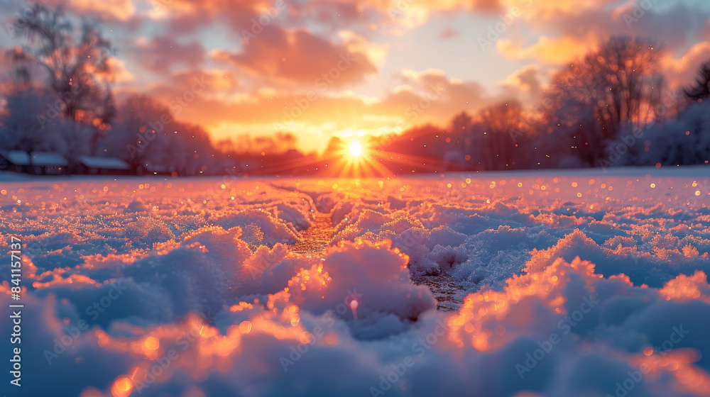 Golden Sunset Over Snowy Field With Trees in the Distance Golden Sunset Over Snowy Field With Trees in the Distance