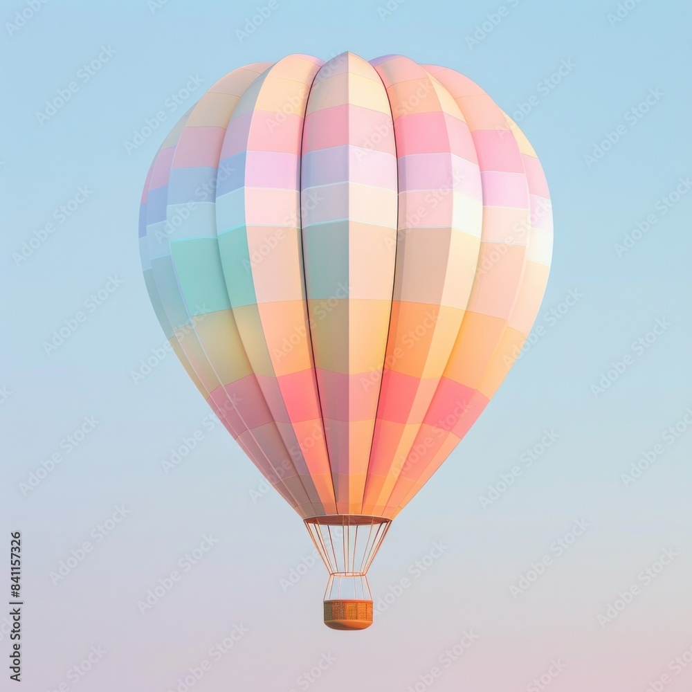 Naklejka premium A 3D minimalist hot air balloon in pastel colors, floating against a clear sky background., AI Generative