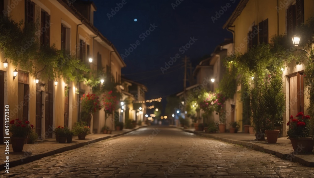 Tranquil Village Street Illuminated by Warm Lights in Nighttime Timelapse. Tranquil Village Street Illuminated by Warm Lights in Nighttime Timelapse.