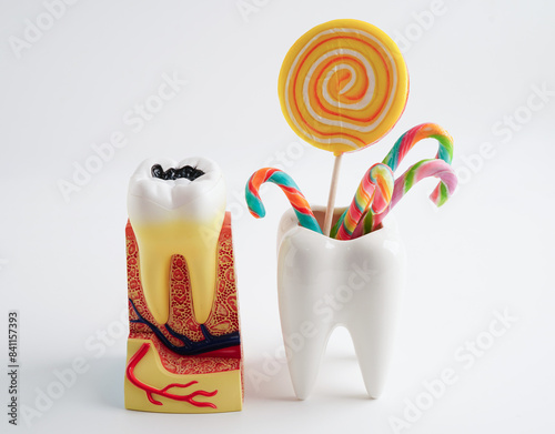 Fotografie Tooth decay with sweet sugar candy, bad food for dental health care