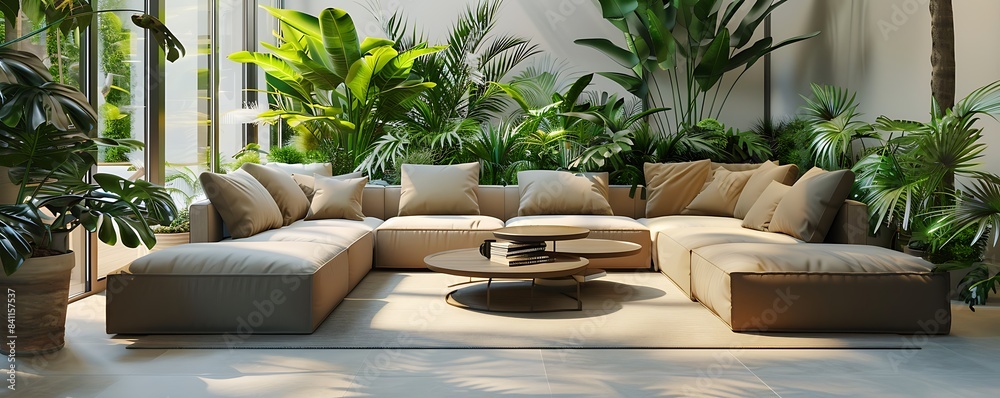 Fototapeta premium : Spacious living room filled with plants and contemporary sofas,