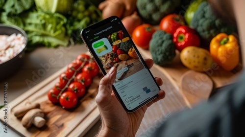 A person holds their smartphone and uses a grocery delivery app, surrounded by fresh produce on a kitchen counter. photo