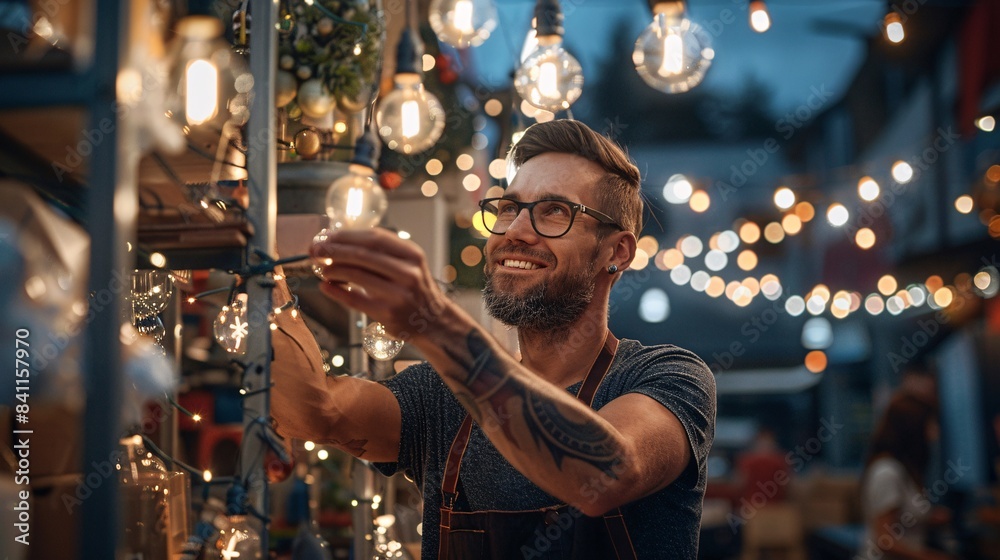 Group of small business owners decorating their store for a special event, hanging lights and arranging promotional materials to attract customers Group of small business owners decorating their store for a special event, hanging lights and arranging promotional materials to attract customers