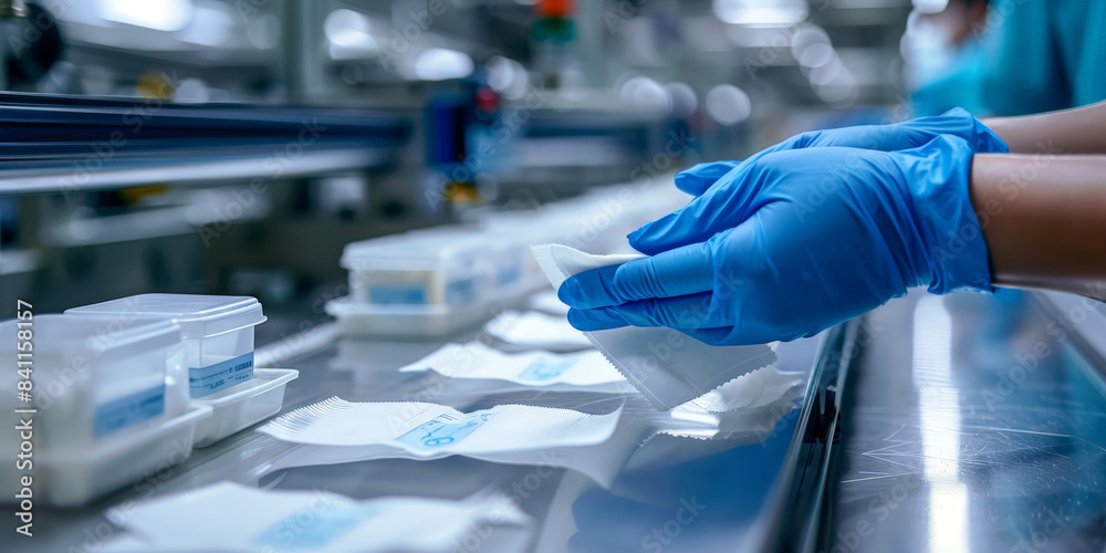 Worker with blue gloves handling products on a pharmaceutical production line in a cleanroom environment, showcasing the precision and care in modern medicine manufacturing. Worker with blue gloves handling products on a pharmaceutical production line in a cleanroom environment, showcasing the precision and care in modern medicine manufacturing.