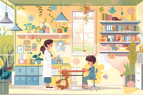 Brightly lit medical office filled with children's toys and books