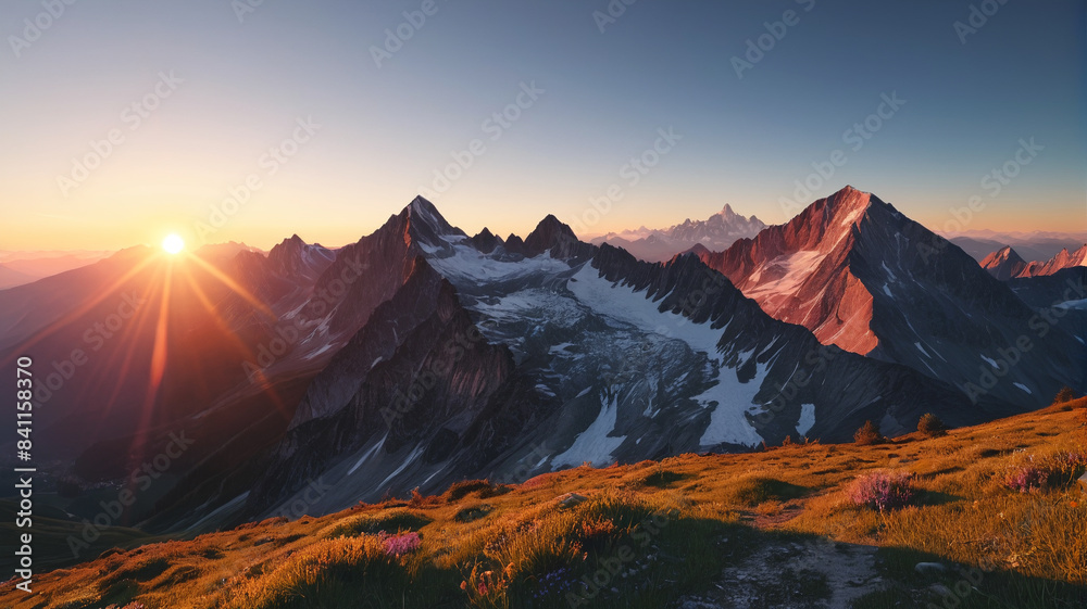 Obraz premium Alpine Sunrise: Watching the Sun Rise Over Majestic Mountain Ranges, Generative AI