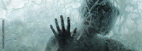 Eye-level shot, spine-chilling scene, woman concealed by frosted glass, indistinct hand and body outline, abstract form, photorealistic digital art, haunting mood, desaturated palette